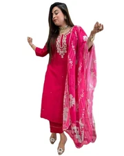 GoSriKi Women's Rayon Blend Straight Embroidered Kurta with Pant & Dupatta