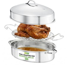 NutriChef 20" Oval Roasting Pan with Rack and Lid, Stainless Steel, Wide Handles