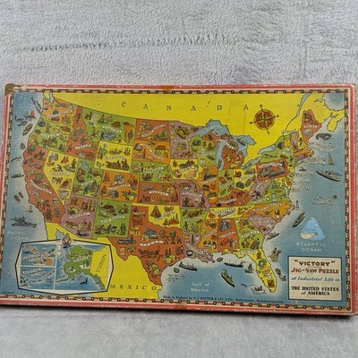 VINTAGE Victory Plywood Jig Saw Puzzle Industrial Life in United States Map 