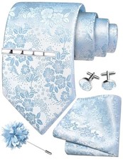 Tie Set for Men Necktie and Pocket Square,Tie Clip,Cufflinks, Lapel Light Blue