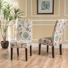 Set of 2 White Blue Floral Fabric Dining Chairs Upholstered Rubberwood Legs