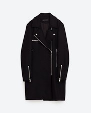 ZARA SCHWARZER WOLLMISCHUNG MANTEL OVERSIZED BIKER JACKE MIT REISSVERSCHLUSS ...