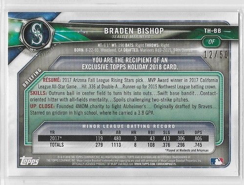 2018 Topps Holiday Bowman White Snow #TH-BB BRADEN BISHOP (12/50) Mint - Picture 2 of 2