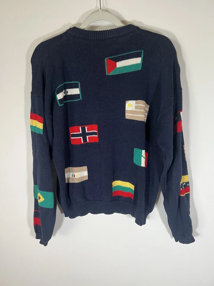 Vintage 80s Charter Club navy cardigan country flags all over print L cabincore - Image 3 of 4