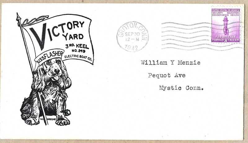 NAVY COVER USS FLASHER SS-249 KEEL LAYING 30 SEPT 1942 VC GREENE THERMO CACHET