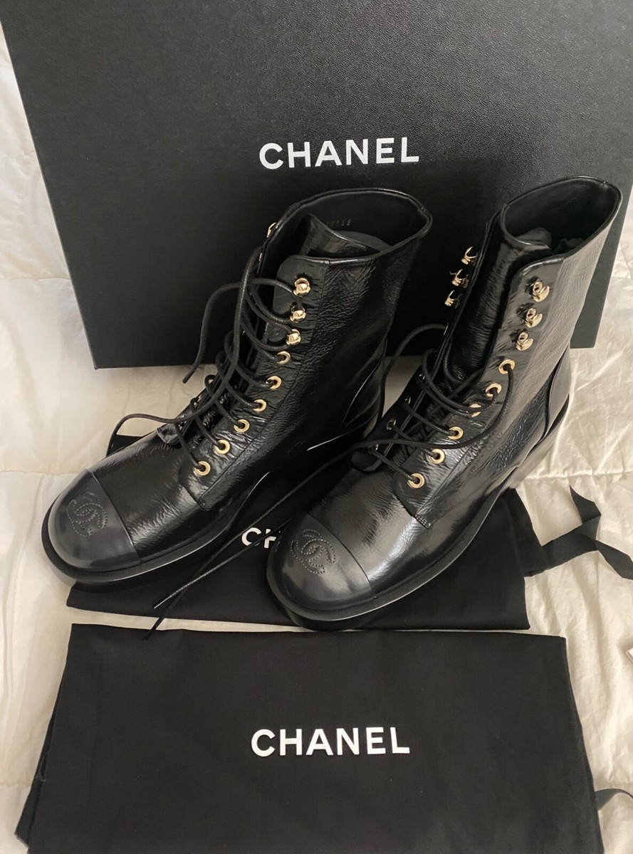 Chanel Combat Lace Up Boots Shiny Goatskin Black & Dark Gray Chanel Combat Lace Up Boots Shiny Goatskin Black & Dark Gray