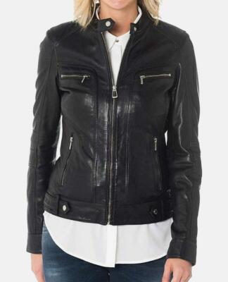 Black Leather Jacket Womens Pure Genuine Lambskin Motorcycle Slimfit Jacket - 73