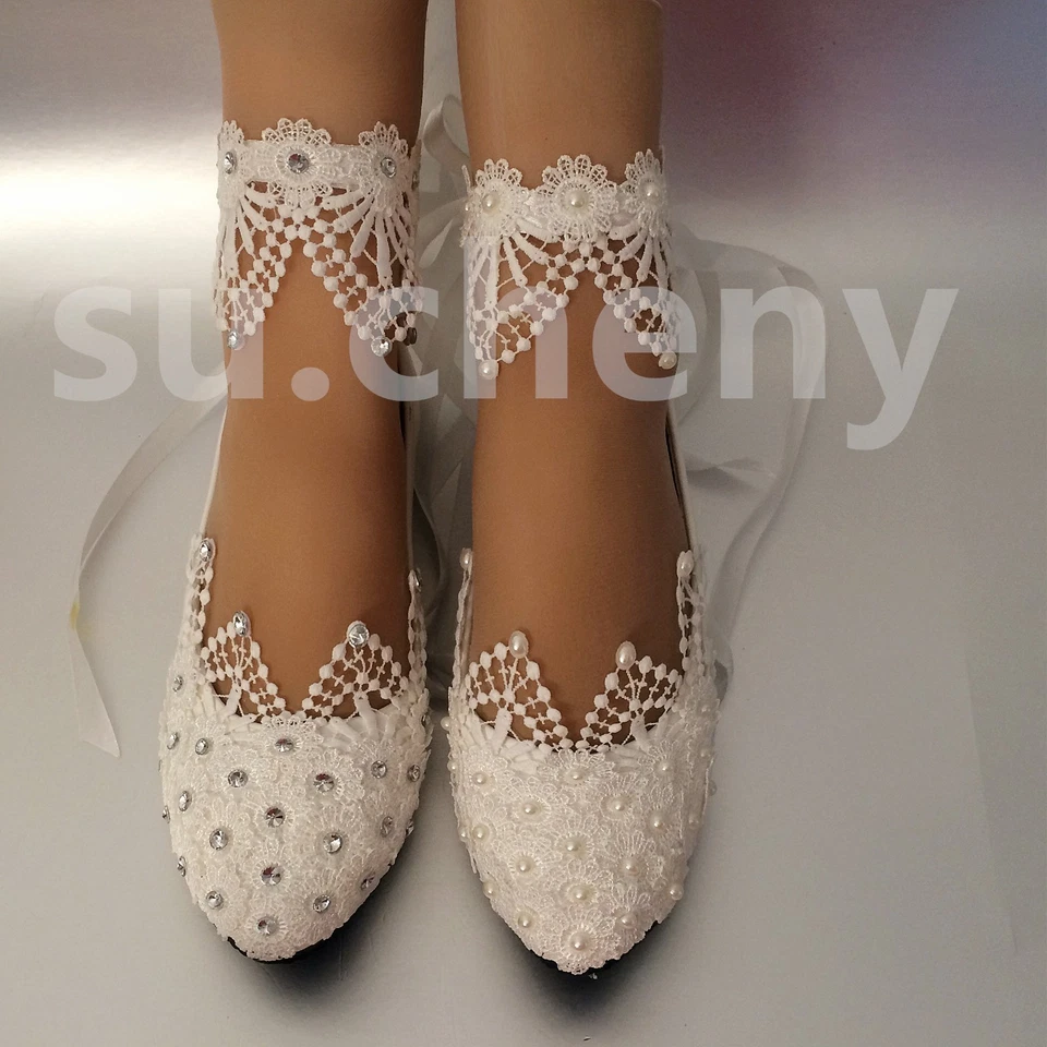su.cheny White light ivory lace pearl rhinestone ankle flat Wedding Bridal shoes - Image 3 of 4