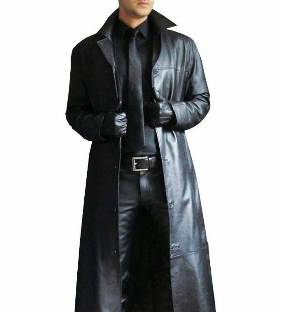 Men's Black Leather Trench Coat 100% Soft Sheepskin Slim Fit Causal Overcoat