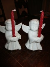 Set of 2 White Porcelain Cherub Angel Candle Holders 4.5" Tall with Red Candles