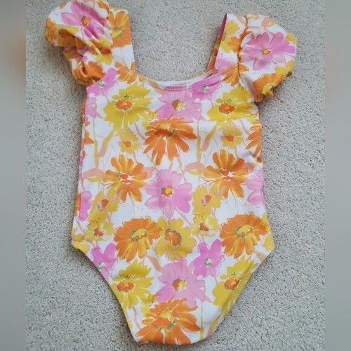 Janie and Jack Girls Floral Puff Sleeve Swimsuit Blazing Orange Floral sz18-24m - Picture 7 of 12