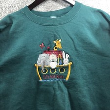 VTG Made In USA Noah Ark Sweater Crew Neck Medium Green Embroidered