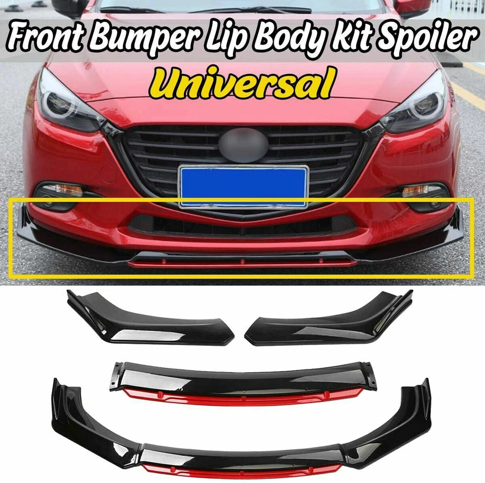 For Universal Car Glossy Black/Red 4Pcs Front Bumper Lip Spoiler + Strut Rods - Изображение 2 из 4