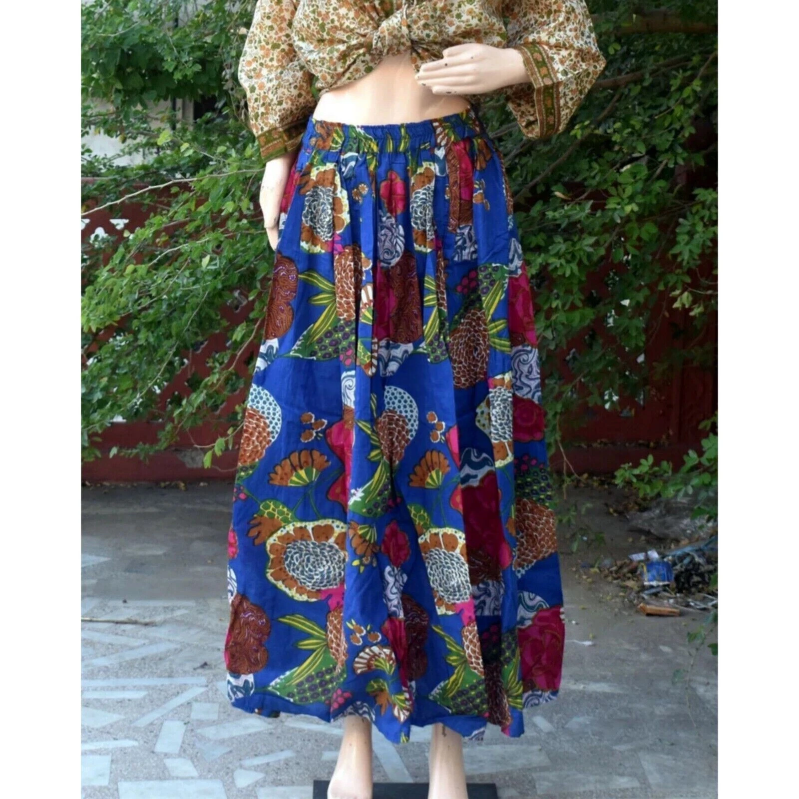Long Cotton Blue Fruit Print Skirt Maxi Skirt Women Clothing Partywear Skirt