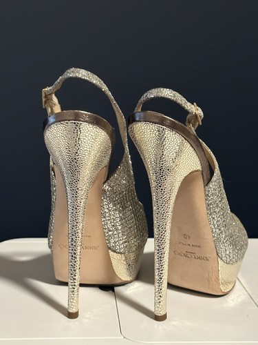 Jimmy Choo Champagne Glitter Fabric Peep Toe Slingback Platform Pump 40 EU 9.5 - Picture 4 of 6