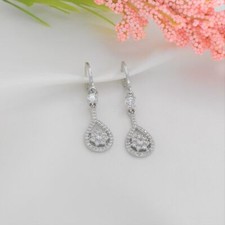 Dangle Bridal Huggie Earrings Silver Plated CZ Hoops Floral Drop Earrings
