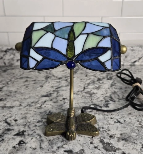 Vintage Stained Glass Dragonfly Banker Table Lamp Beautiful Base Tiffany Style