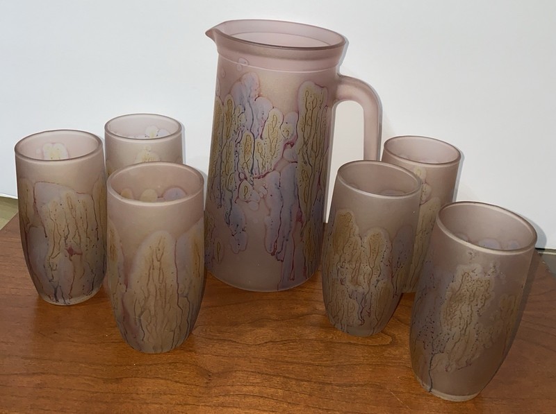 Rueven Vintage Nouveau Art Glass Company Pitcher & 6 Glasses Hand Painted Italy