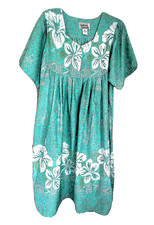 Anthony Richards Hawaiian Floral House Dress MuuMuu Aqua Blue Size L Short Slvs.