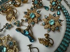 Lot Of Vintage Costume Jewelry Aqua Rhinestones Earrings Necklaces Pins