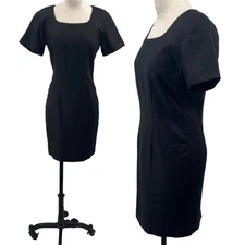 Vintage 90s Linen Mini Sheath Dress Short Sleeve Square Neck Black Womens XS