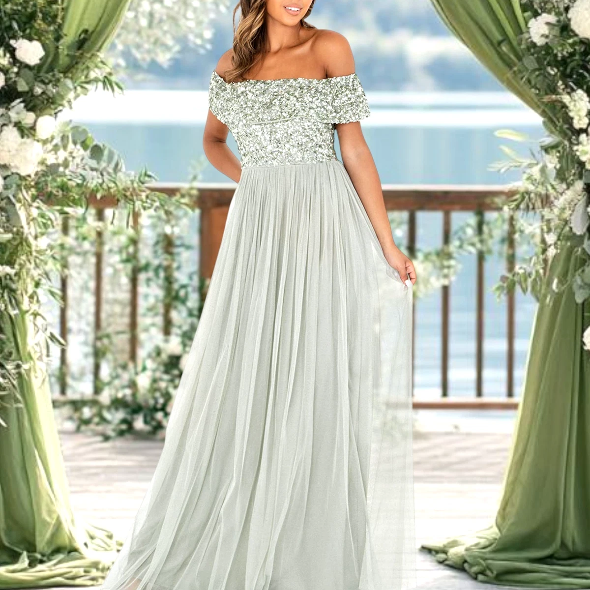 lavender chiffon dresses bridesmaid Zapaka Women Lilac Chiffon Ruffled Bridesmaid Dress A-Line Wedding Guest Dress, Chiffon color / US8 main image 1