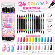 24 Colors Dual-Ended Nail Art Pens Set,12pcs Dual-Ended Pens UK~