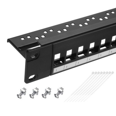Patch Panel, 1U 19'' Key Stone Blank Network 24-Port Patch Panel with Cable Ties