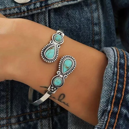 Fashionable Vintage Ethnic Style Imitation Turquoise Open Metal Bracelet - Picture 5 of 6