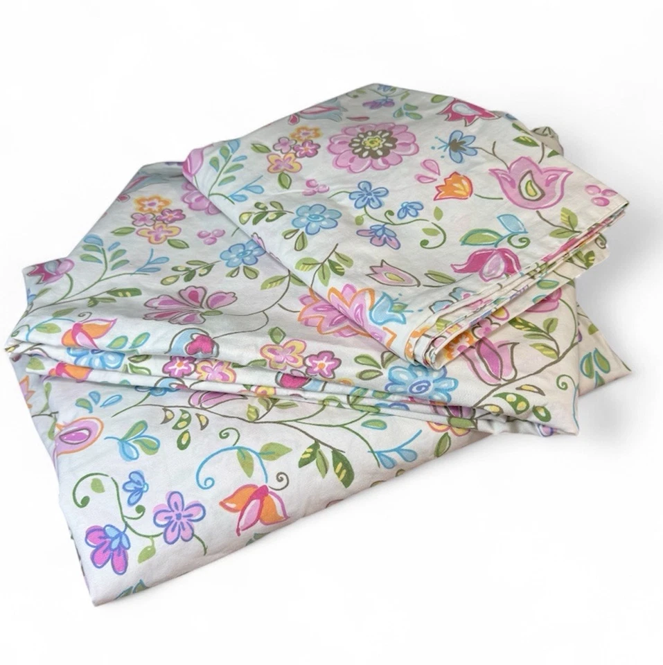 Pottery Barn Kids TWIN 3pc Flat & Fitted Sheet Set Pillowcase Pastel Floral Pink - Image 2 of 4