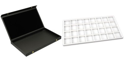 Black Faux Leather Jewelry Case w/ 1 White 32-slot Plastic Tray (Snap close lid)