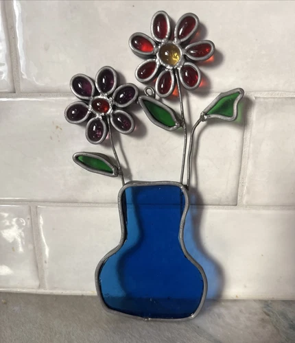 Vintage Tiffany Style Stained Glass  Flowers in Vase Lead Sun Catcher Window