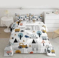 QUEEN 3 Pieces Construction Bedding Set Tree Vehicles Trucks NEW
