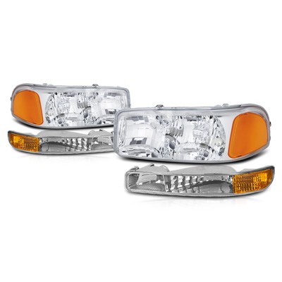 Headlights Pair 4Pc Set Chrome Halogen Fits 99-07 GMC Sierra / 2000-2006 Yukon e