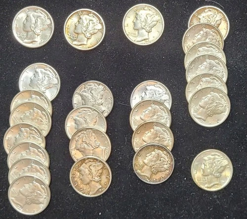 AU-BU Mercury Dimes 1/2 ROLL (25) 1936-1945 Toners & White 90% 10c Uncirculated