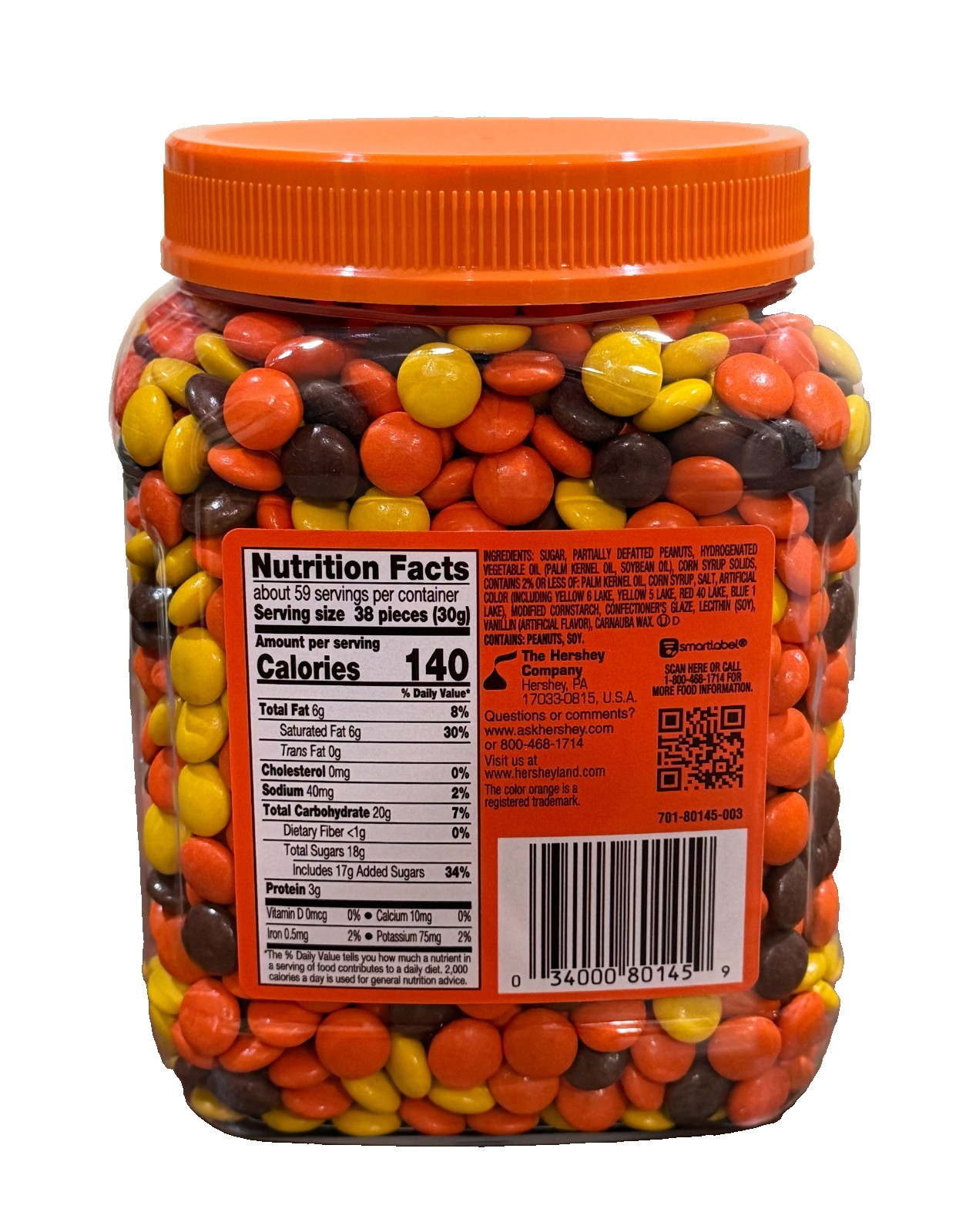 2-PACK Reese&rsquo;s Pieces Peanut Butter Candy 62 oz each Jar Bulk Party Candy