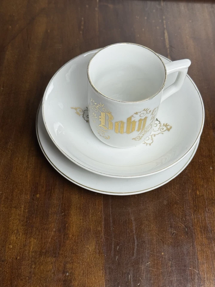 3-teiliges antikes Porzellan BABY FÜTTERUNGSSET mit passender Schale, Teller, Becher Germany - Bild 3 von 4