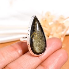Natural Golden Sheen Obsidian Ring 925 Sterling Silver Handmade Statement Rings