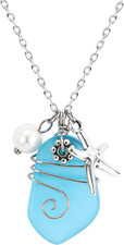 Sea Glass Necklace, Beach Necklaces with Starfish Pendant Wire Wrapped Blue Sea
