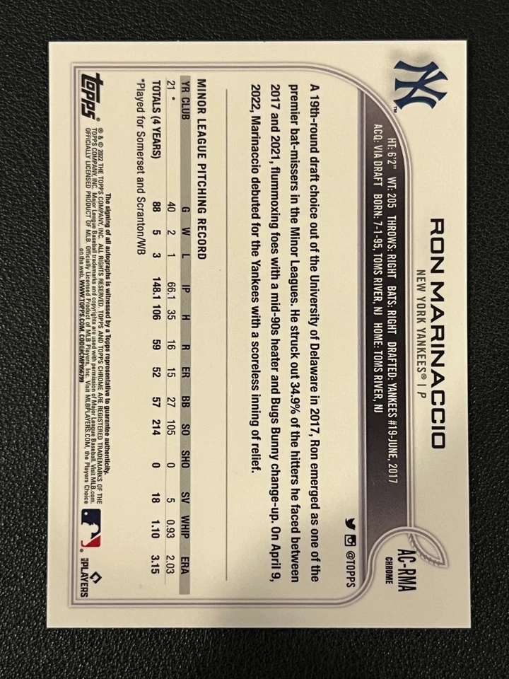 Ron Marinaccio 2022 Topps Chrome Rookie Update Auto Refractor Yankees - Image 2 of 2