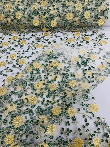Floral Lace Fabric Yard - Metallic Gold Flowers With Green Leaves White on Tulle - Picture 2 of 6