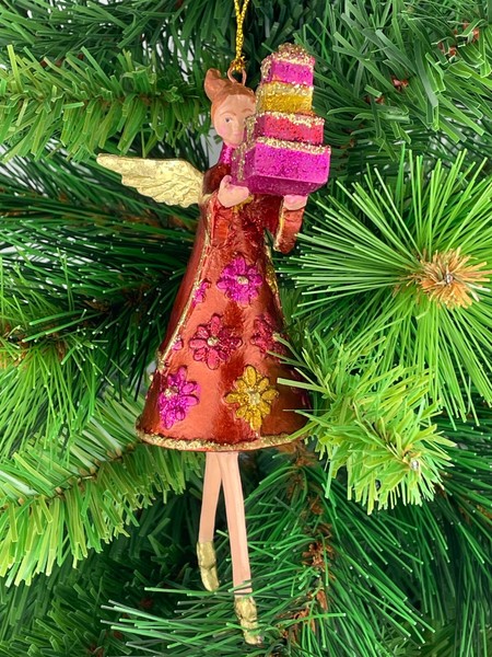 Christbaumschmuck Engel In Einem GeblüMten Kleid Mit Geschenken Kupfer Pink15Cm-image