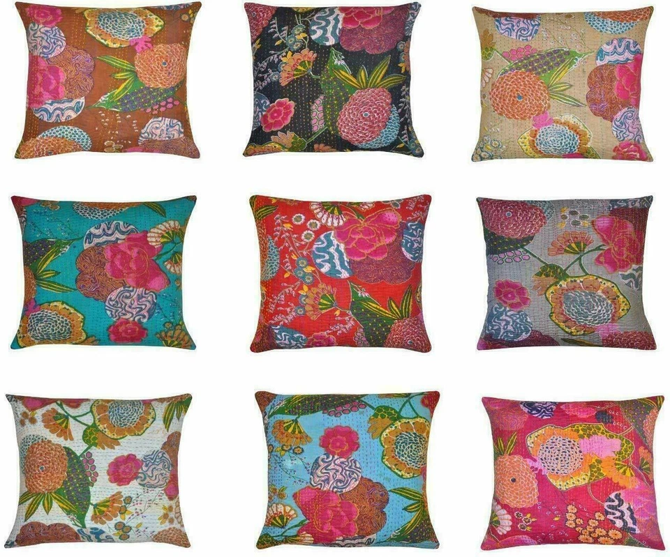 10 PC INDIAN CUSHION PILLOW COVER THROW Kantha Ethnic Floral Handmade Decor Art - Image 2 of 4
