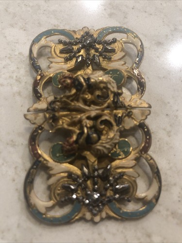 Vintage Art Nouveau Style Floral Belt Buckle 1970s Gold Tone & Enamel Angels - Picture 1 of 3