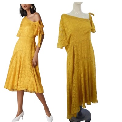 Whistles Kleid Seide Midi Devore gelb One Shoulder Aina Hochzeitsgast UK 14