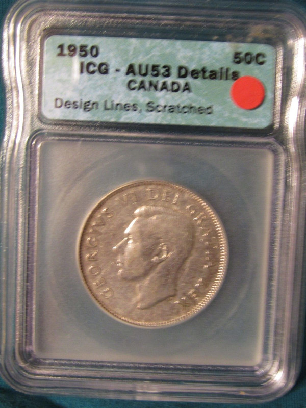 1950  CANADA  SILVER  50 CENTS...ICG  AU-53  DETAILS..DESIGN  LINES  SCRTCHED
