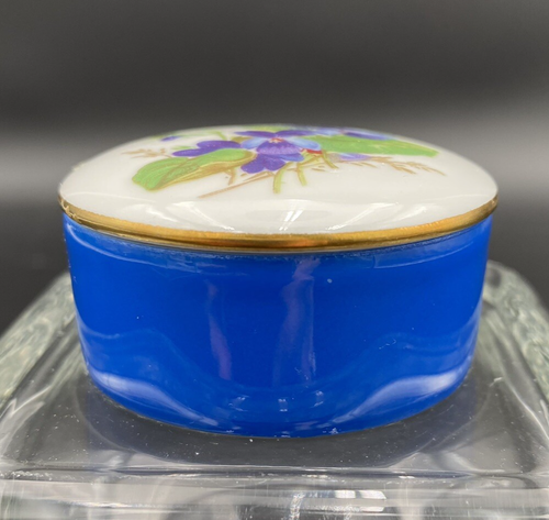 Kleine runde Porzellan Limoges, Frankreich Schmuckschatulle mit Blumenstrauß lila Veilchen - Bild 4 von 11