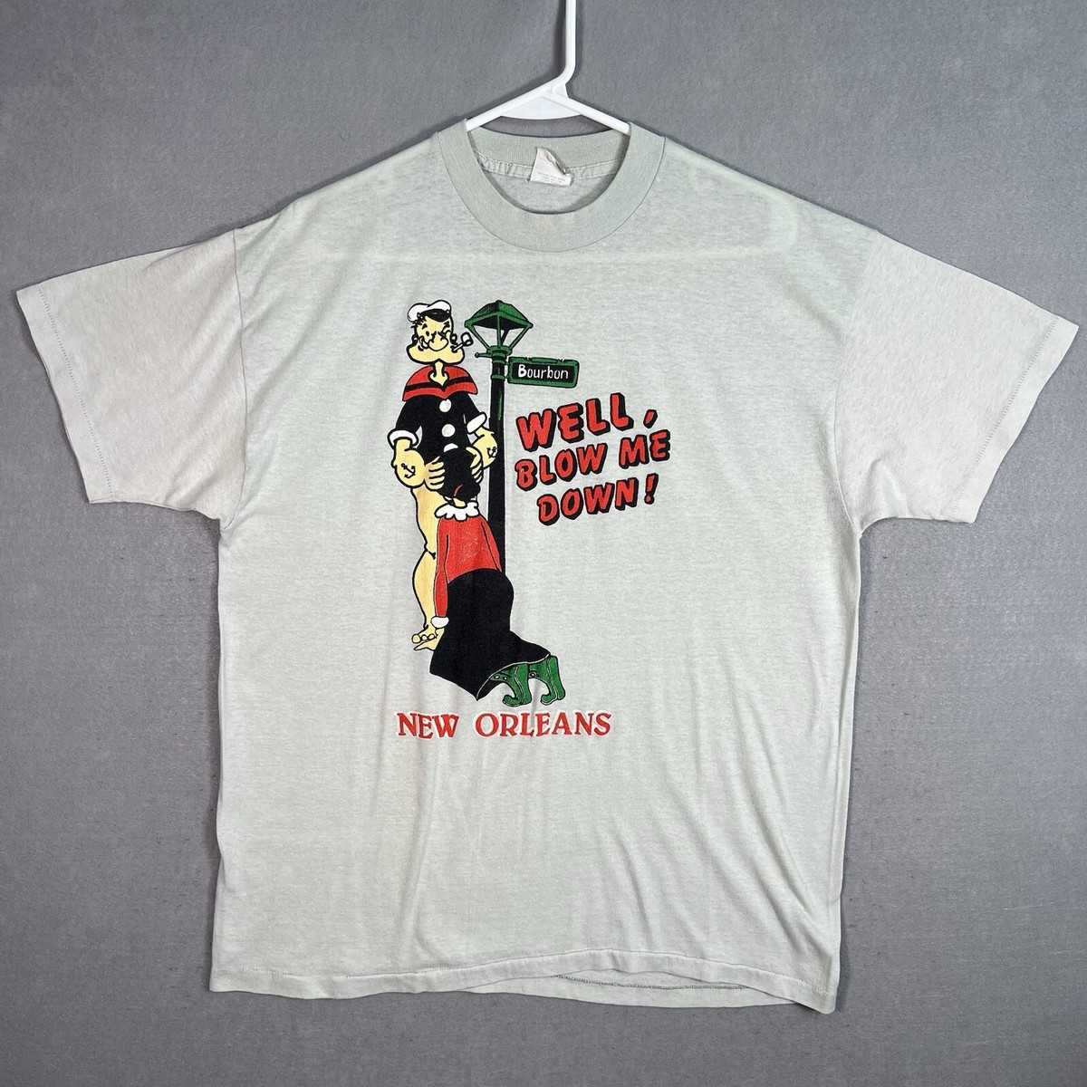 Vintage 80s New Orleans Popeye Blow Me Down T Shirt Adult XL Gray