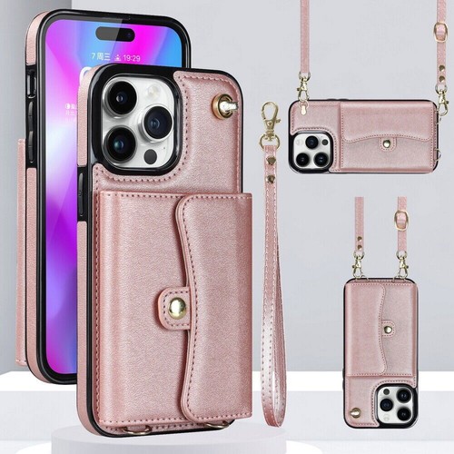 Leather Crossbody Card Wallet Phone Case For iPhone 11 12 13 14 Samsung S22 S23 - Picture 29 of 30
