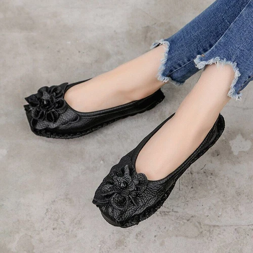 Leather Flat Shoes Women Flats with Flowers Ladies Soft Shoes Loafers Slip On - Imagen 12 de 21